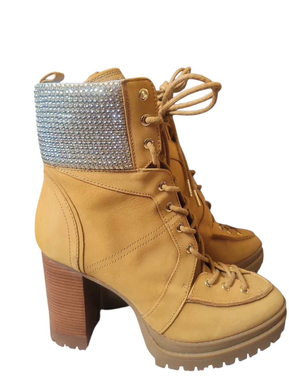 Michael Kors Tan Lace-Up Block Heel Boots with Crystal Collar - Picture 2 of 15